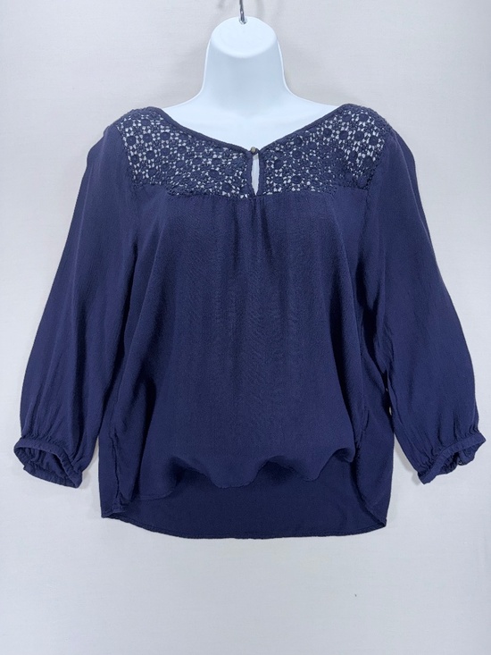 Forever 21 Tops - Forever 21 Navy Blue Boho Crochet Lace Yoke Blouse - Size Large